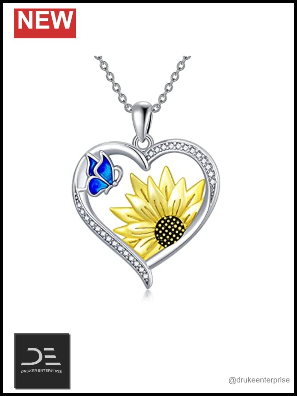 Sunflower Necklace 925 Sterling Silver Butterfly Pendant 18 Inch